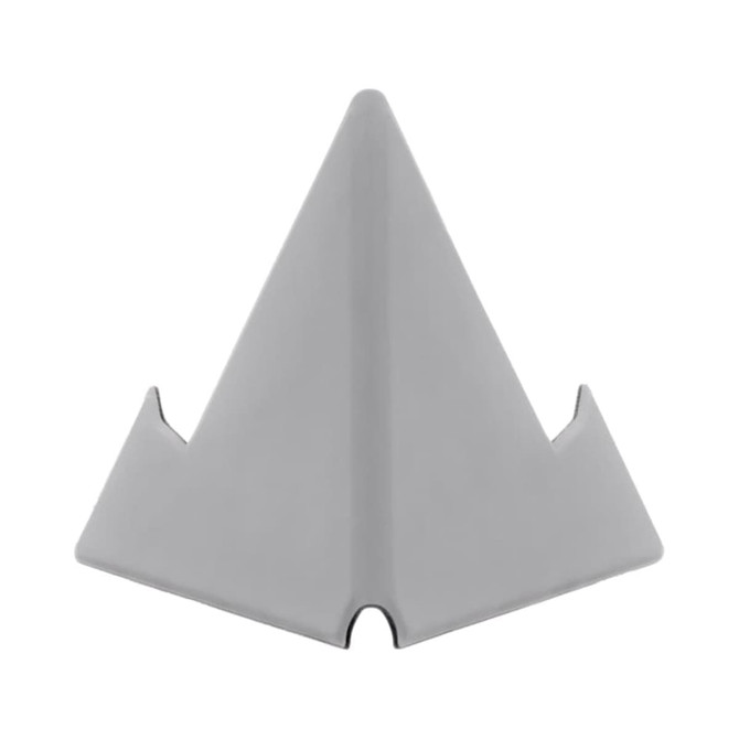 A grey mini stand with a triangular design, featuring side cutouts, suitable for holding a phone.