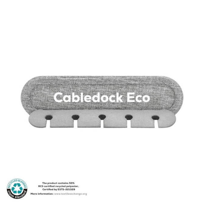 A grey cable organiser with multiple slots for tidying cables, made from recycled polyester. It features a branding logo.