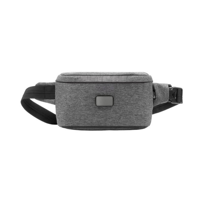 A grey anti-theft sling bag with a sturdy strap and a small logo on the front.