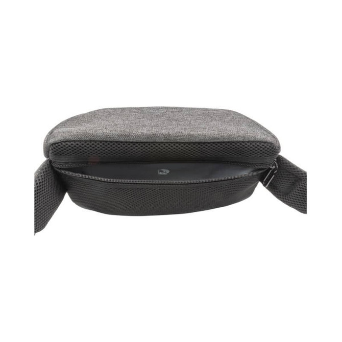A grey anti-theft sling bag with a zippered compartment and adjustable strap, featuring a textured surface.