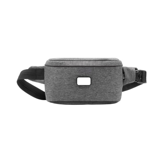 A grey anti-theft sling bag with a black strap and a logo on the front.