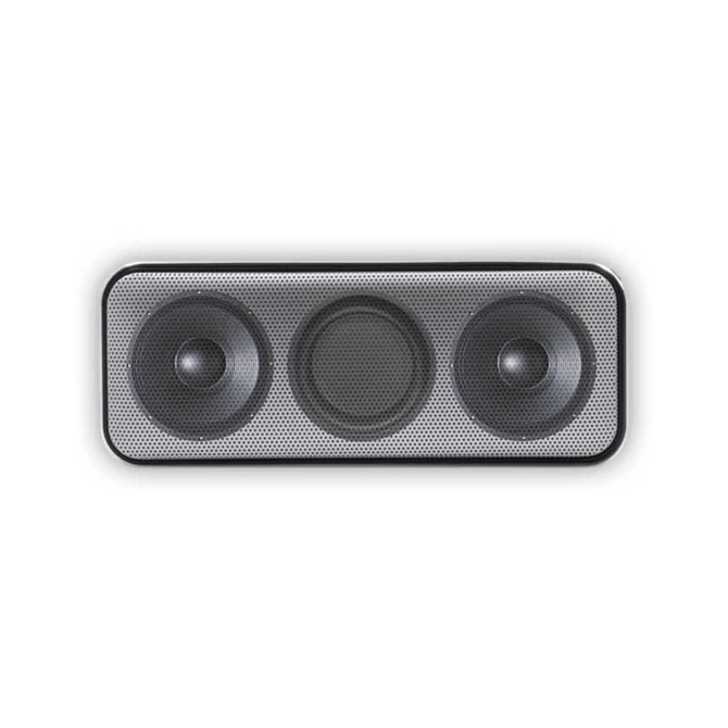 A Bluetooth speaker in black and silver featuring two speakers and a central driver, with a textured surface and logo.