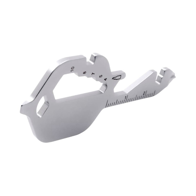 A silver multi-tool shaped like a key, featuring measurement markings and a bottle opener. It has a simple design.