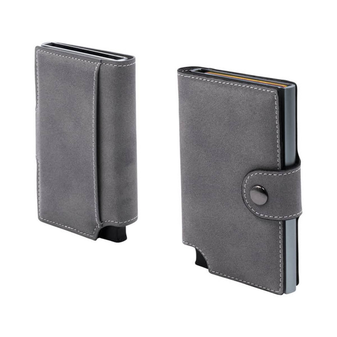 A grey vegan wallet with a textured finish, featuring a snap closure and a cardholder compartment.