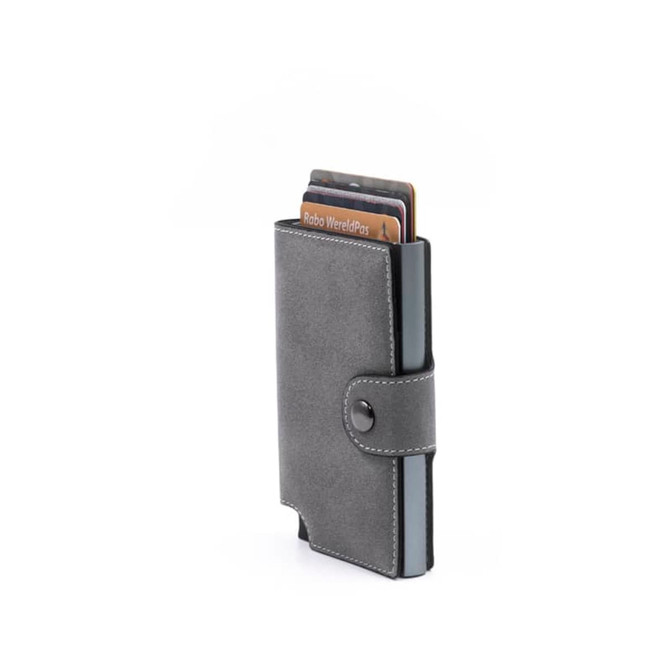A grey vegan RFID wallet with a button closure and visible card slots. It features a sleek design.