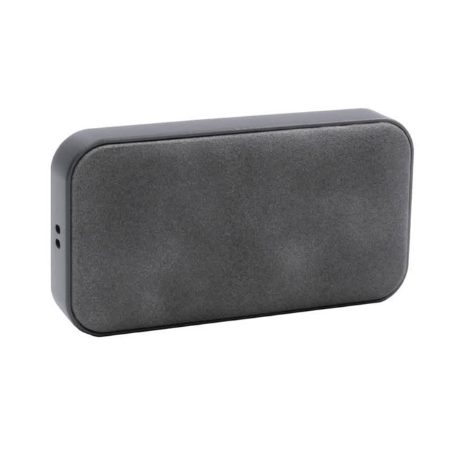 A compact grey wireless speaker with a smooth exterior and an embedded logo.