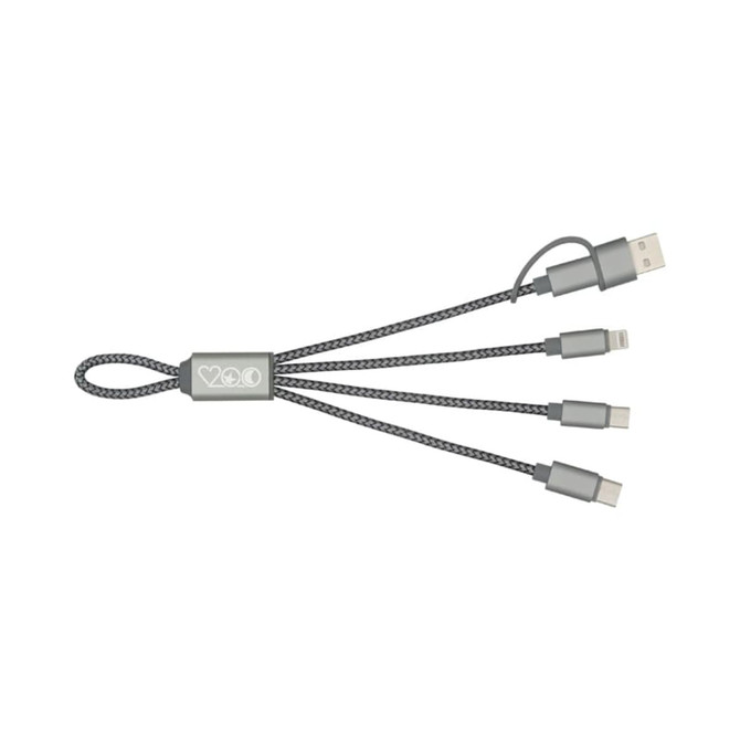 A grey charging cable with three connectors, featuring a braided design and a logo.