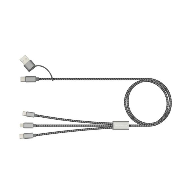 A grey charging cable with multiple connectors, featuring a branded section along its length.