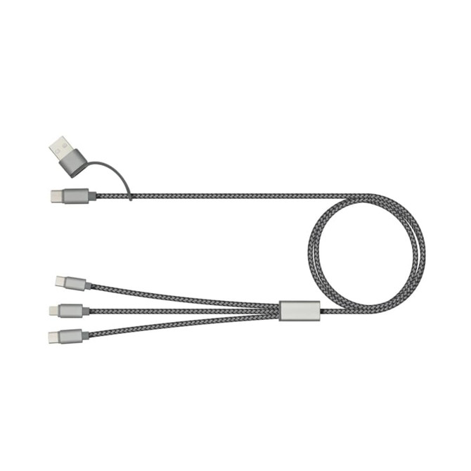 A charging cable with three connectors and a durable grey braided design, featuring a logo.