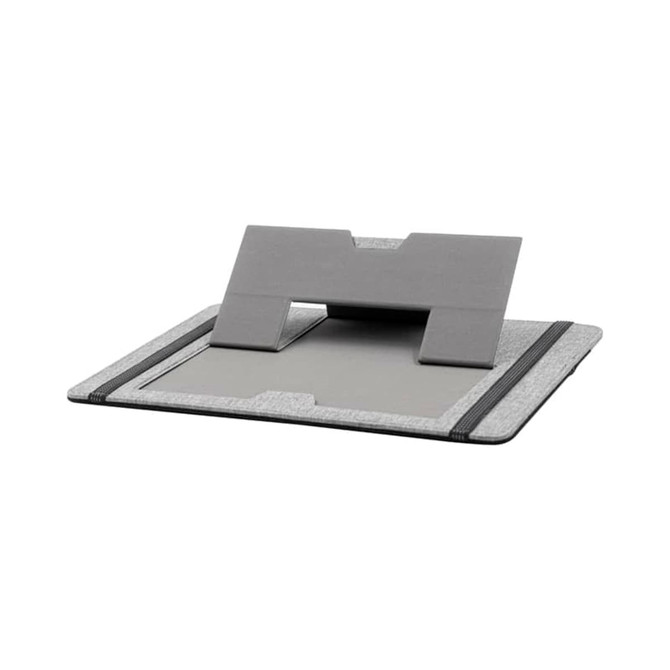 A grey clipboard organiser with a tablet stand, featuring a textured surface and elastic closure. It has a logo.