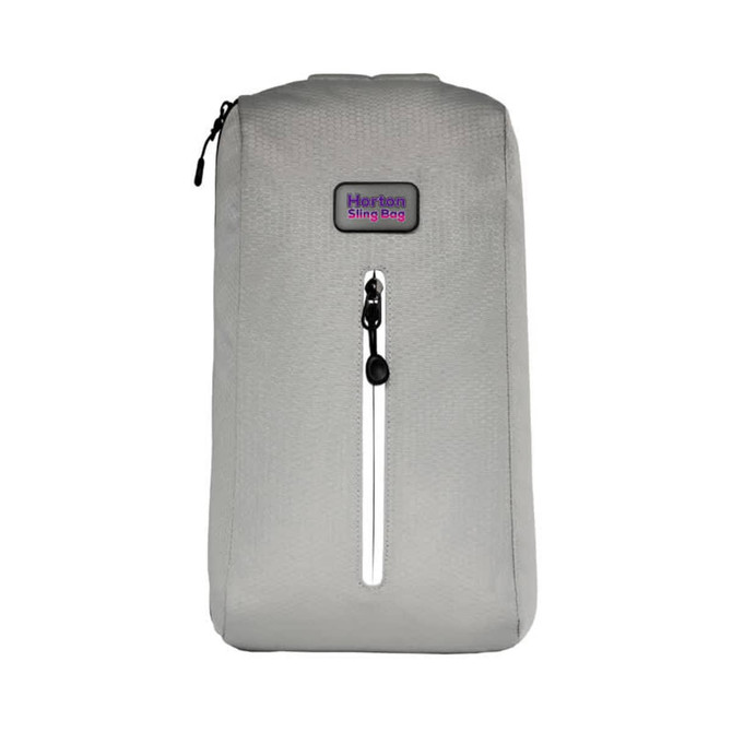 A grey Sling Eco Bag with a zippered compartment and a small logo at the top.