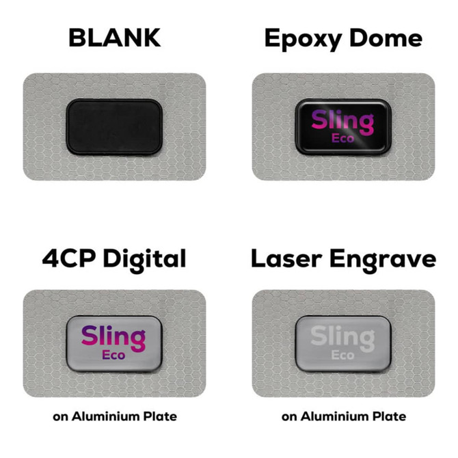 A variety of promotional plate designs featuring an epoxy dome, digital printing, and laser engraving on aluminium.