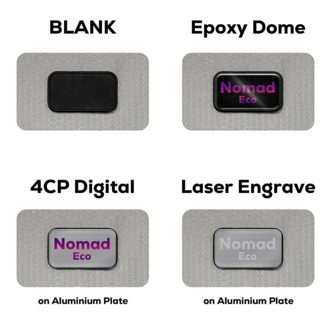 Four product options feature an aluminium plate with a textured background. Each has a different finish, including a blank version, epoxy dome, 4CP digital print, and laser engraving, displaying the "Nomad Eco" branding.