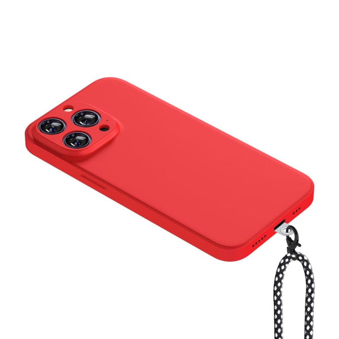 A red phone wallet with a black and white patterned strap, featuring a branding logo.