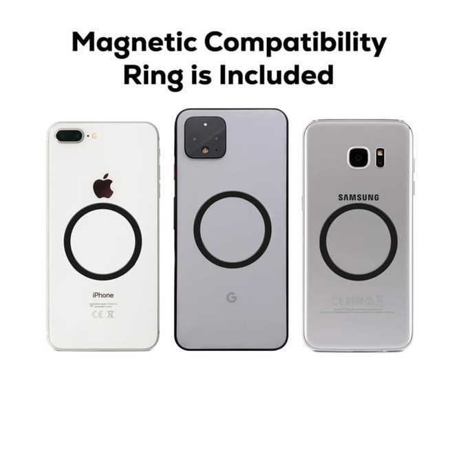 Three smartphones in varying shades, each featuring a circular magnetic compatibility ring on the back. Each phone has a logo.
