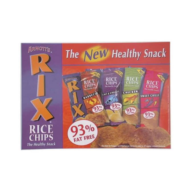 A colourful display of Arnott's RIX Rice Chips packets in various flavours, with a prominent logo and branding.