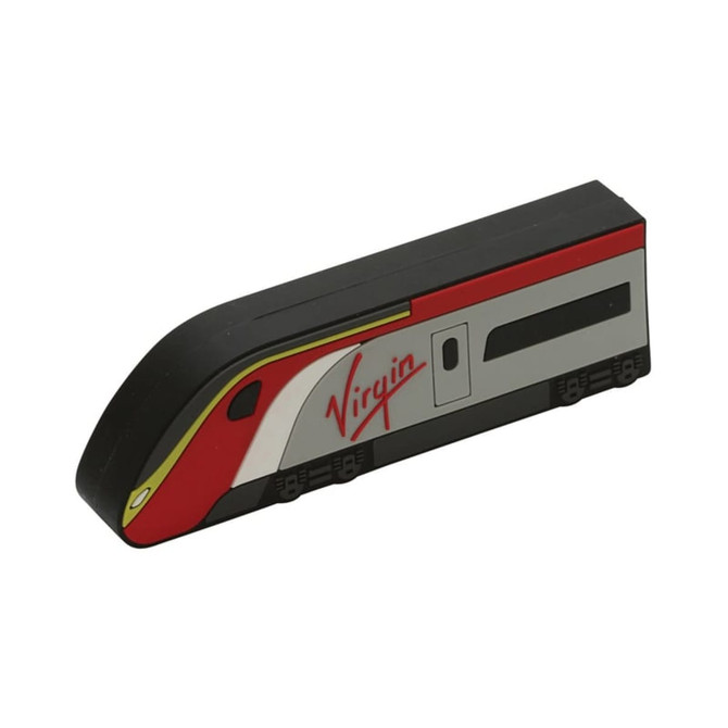 A power bank designed in the shape of a train, featuring red, grey, and black colours, with a logo.
