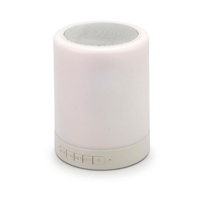 A white touch lamp speaker with a silver mesh top and control buttons at the base, featuring a simple and sleek design.