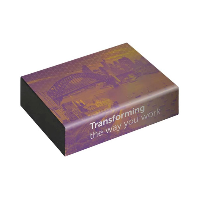 A rectangular box featuring a purple and orange design with a city skyline and a logo on the front.
