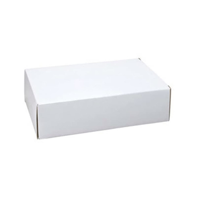 A plain white rectangular box with a fold-over opening. It has a simple design and no visible branding.