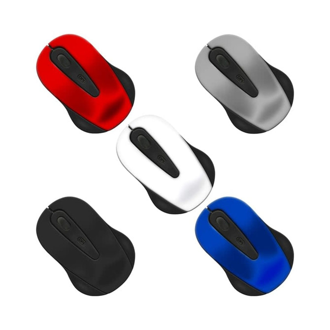 A wireless mouse available in red, silver, white, black, and blue. The design features a sleek, ergonomic shape.