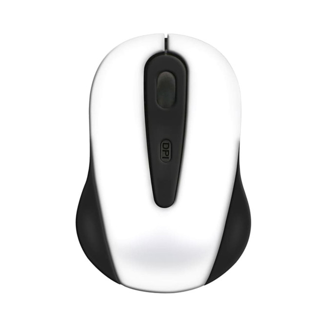 A wireless mouse featuring a sleek white and black design, with a simple button layout and an embedded logo.