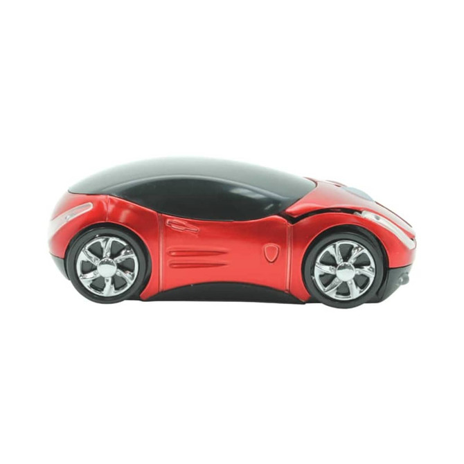 A sleek red wireless mouse designed to resemble a sporty car, featuring black accents and shiny wheels.