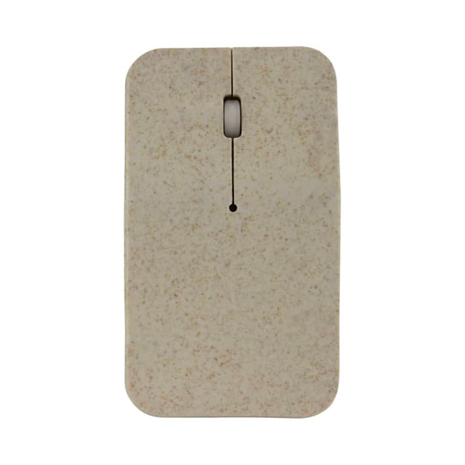A beige wireless mouse with a smooth surface and a single click button, featuring a logo.