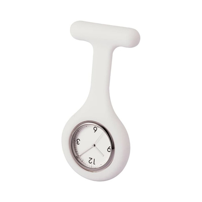 A white nurses watch with a unique handle design and a round clock face displaying black numbers.