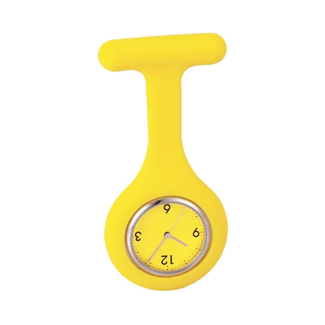 A yellow silicone nurse's watch with a round face and a simple design, featuring a logo on the side.