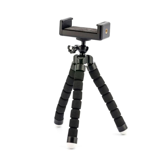 A black Flex Tripod with textured grips and rubber feet, designed for holding mobile devices securely.