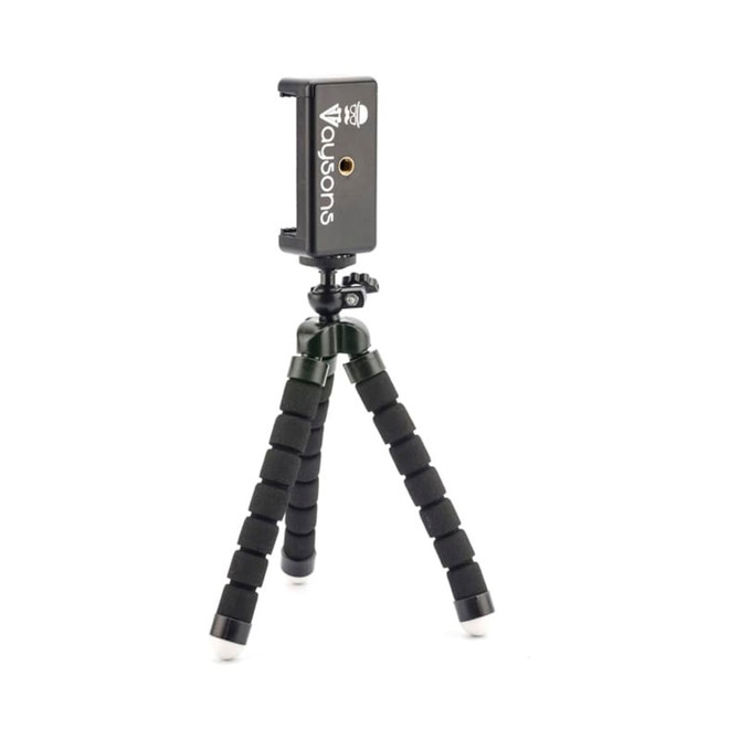 A flexible black tripod with a mounted phone holder, featuring rubber legs and a compact design for stability.
