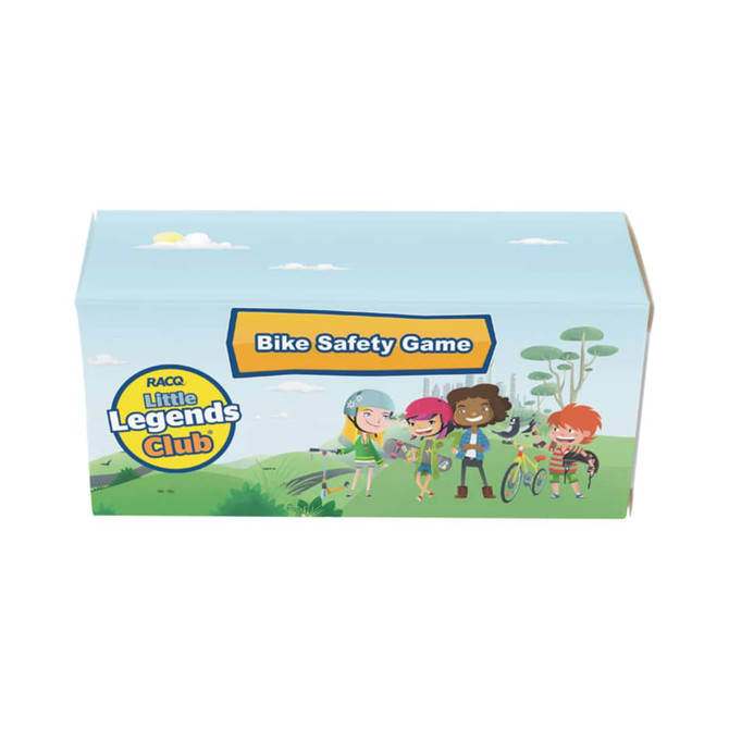 A customised box featuring a colourful design with cartoon characters engaged in bike safety activities.