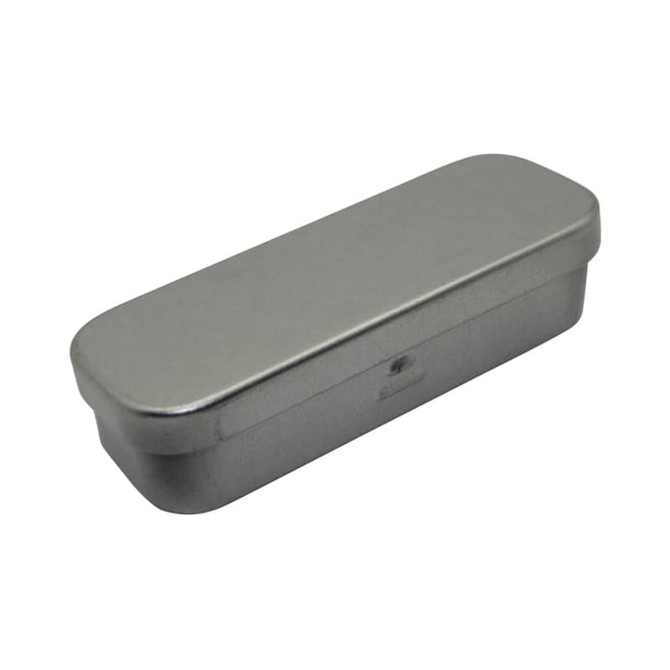A metallic silver rectangular tin container with a smooth, rounded lid. It has a branding logo on the surface.