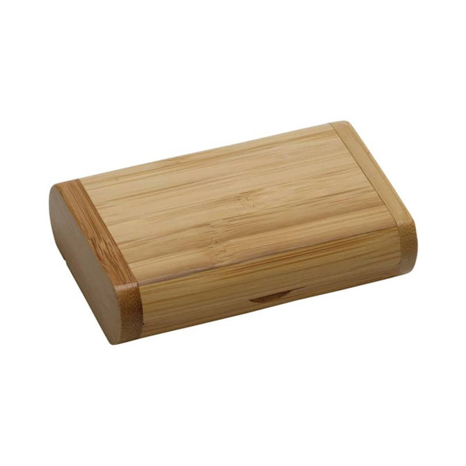 A wooden hinged box in light bamboo with rounded edges and a smooth finish. It features a simple, elegant design.