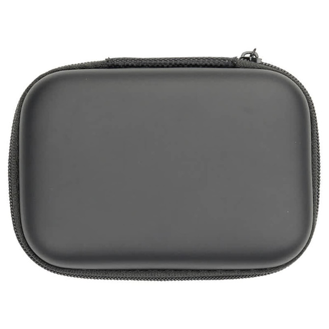 A black zippered case with a smooth exterior, featuring a zipper closure and a logo.