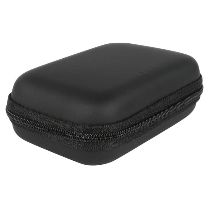 A black zippered case with a hard exterior, featuring a textured surface and a zip closure.