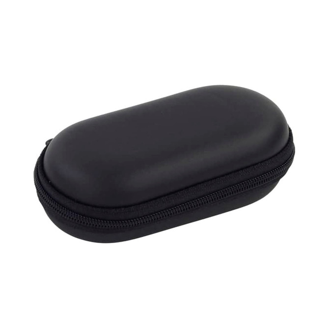 A black zippered case with a smooth, rounded design, featuring a secure zipper closure and a simple logo.