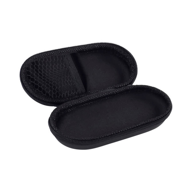 A black zippered case with a mesh pocket inside, featuring a durable exterior and a soft interior.