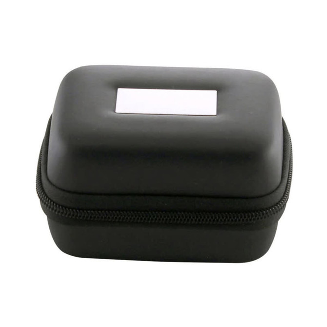A black zippered adaptor case with a smooth exterior and a rounded shape, featuring a logo on the front.