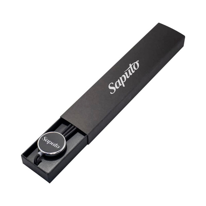 A sleek black gift box containing a pen with a circular metal detail, featuring a logo.