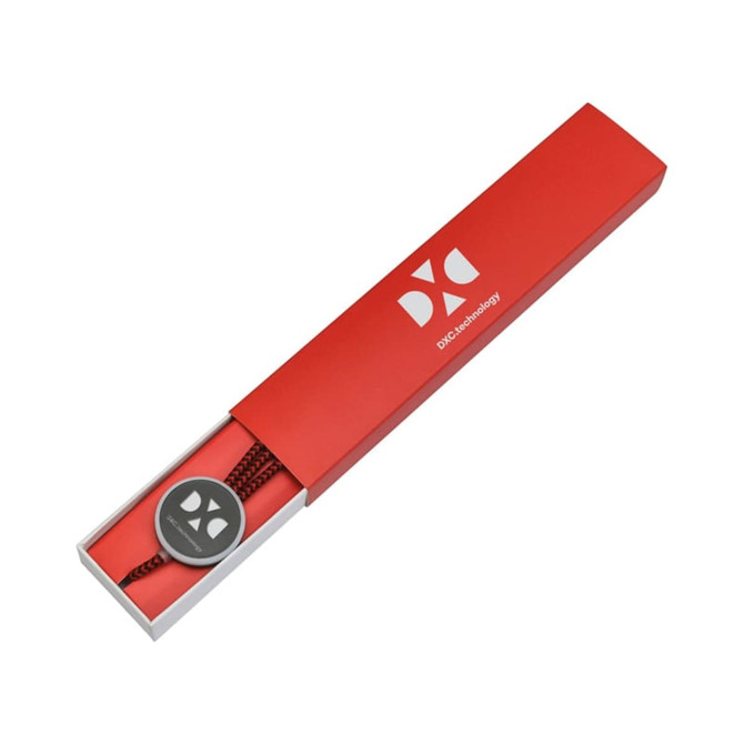 A red gift box containing a woven pen with a circular cap and a logo. The box features a sleek, elegant design.