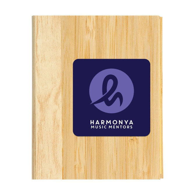 A set of Lumix Bamboo Sticky Notes with a natural bamboo design and a logo for Harmony Music Mentors on the front.