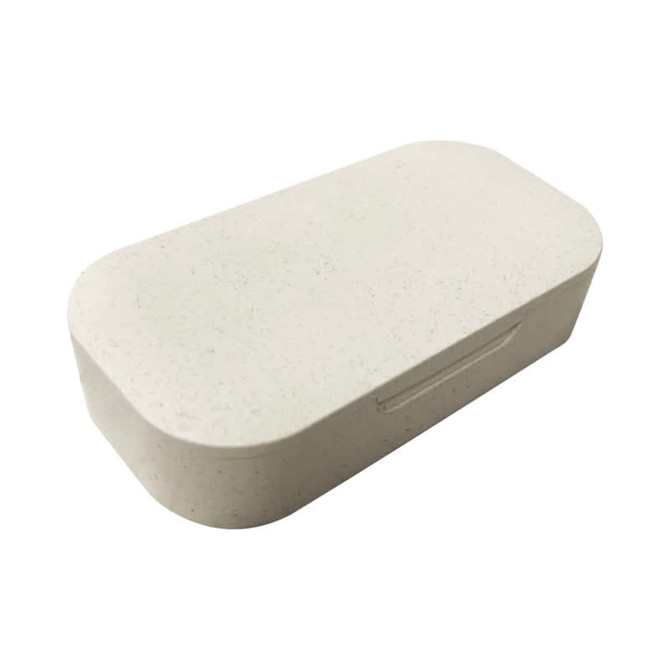 A light grey hinged box with a smooth surface and rounded edges, featuring a subtle texture. It has a small logo.