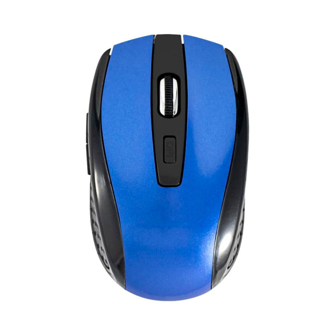 A wireless mouse in vibrant blue with black accents, featuring a scroll wheel and buttons. It has a logo on it.
