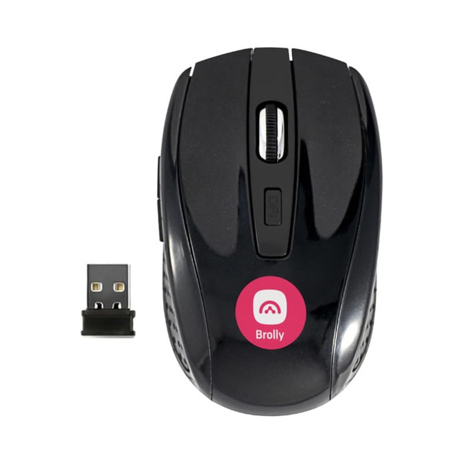 A black wireless mouse with a USB receiver, featuring a round logo on its surface.