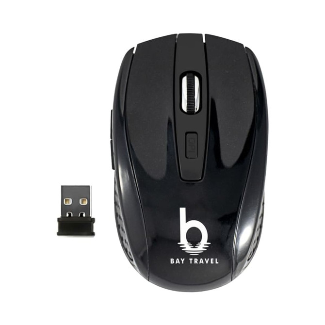 A black wireless mouse with a USB receiver, featuring a logo on its side.