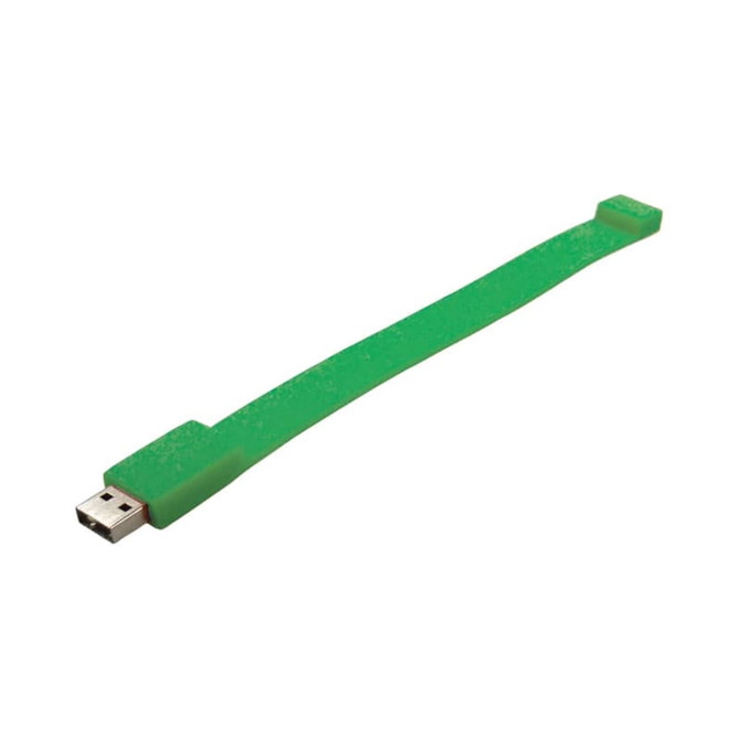A green silicone wristband with a USB connector at one end, featuring a logo.