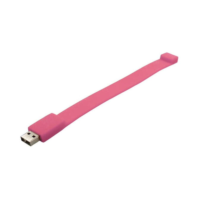 A pink silicone wristband with a USB connector at one end and a smooth, flexible design.