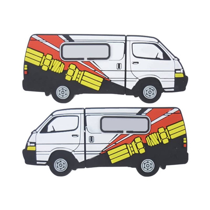 Custom moulded flash drives in the shape of a white van with red and yellow designs, featuring a logo.